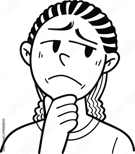 pensive person:A person with a thoughtful expression, hand on chin, shows contemplation and decision-making process.