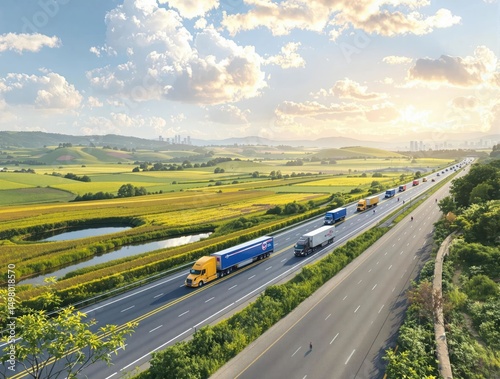 A long highway with many trucks on it