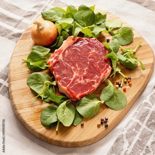 A piece of meat is on a wooden cutting board with some green leaves and onions
