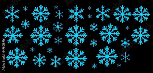 Collection of blue snowflake icons on black background, winter theme vector illustration, black, pretty