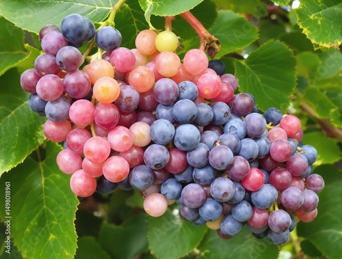 A bunch of grapes with blue and red grapes