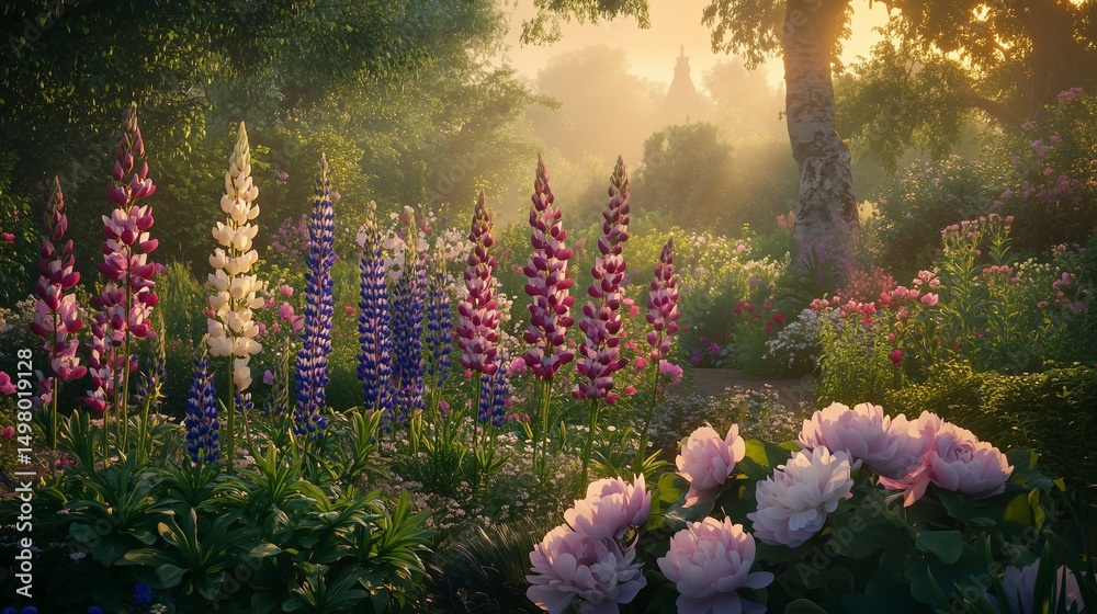 Obraz premium A tranquil English garden at dawn with blooming lupines, hollyhocks, and peonies, gently glowing in the golden light of early summer morning.