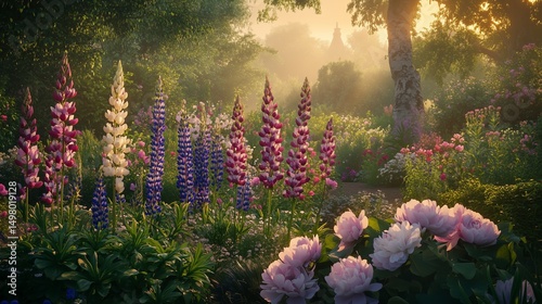 A tranquil English garden at dawn with blooming lupines, hollyhocks, and peonies, gently glowing in the golden light of early summer morning. photo