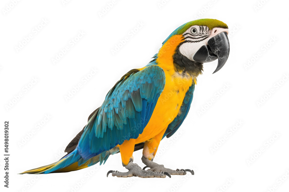 Fototapeta premium Vibrant blue and gold macaw parrot isolated on black