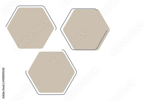 Empty hexagons photo frames. 3 honeycombs template with lines. Vector realistic Mockup for banner design, Infographic, flyer, leaflet, photo album, portraits, collages. EPS10. 