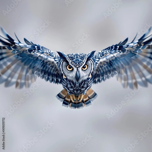 A blue and white owl with its wings spread out