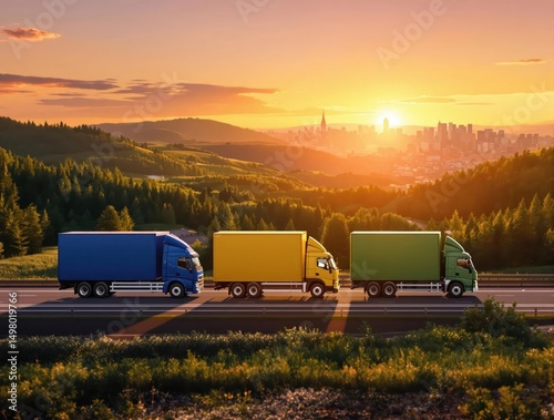 Three trucks are driving down a road with a sunset in the background