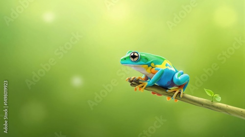 A green and yellow frog is sitting on a branch