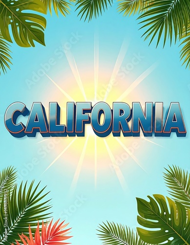 California summer vibes with tropical palm leaves and sunburst background