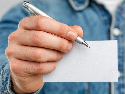 Hand Holding Pen Writing on White Card, Denim Sleeve Mockup with Clean Copy Space for Business or Personal Use photo