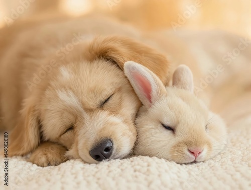 A dog and a rabbit are sleeping together