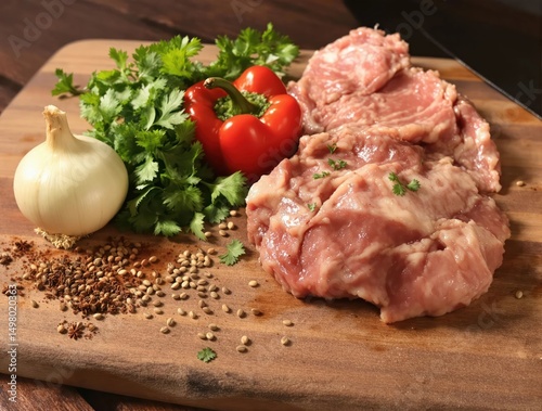 A piece of meat is on a cutting board with some herbs and spices