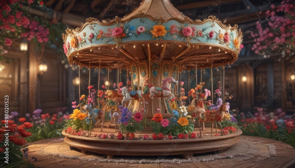 Fototapeta premium Whimsical floral carousel, vibrant blooms on rustic wood , spinning, illustration, rotating