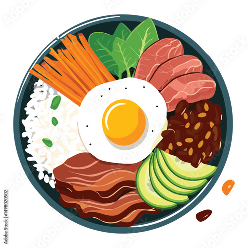 Authentic Bibimbap Dish Green Garnish - Vector Illustration
