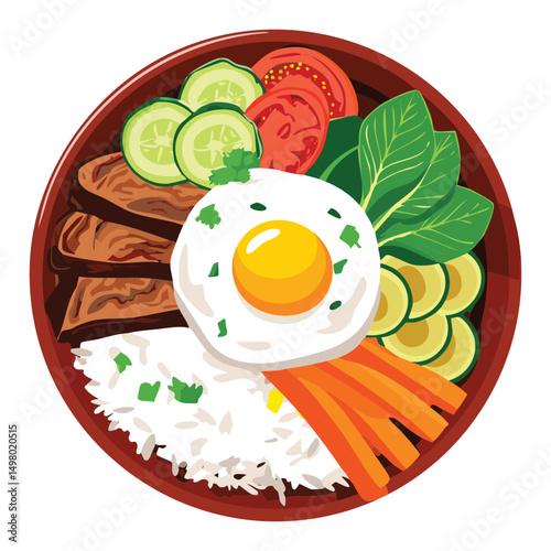 Fresh Bibimbap Bowl Healthy Meal - Vector Illustration