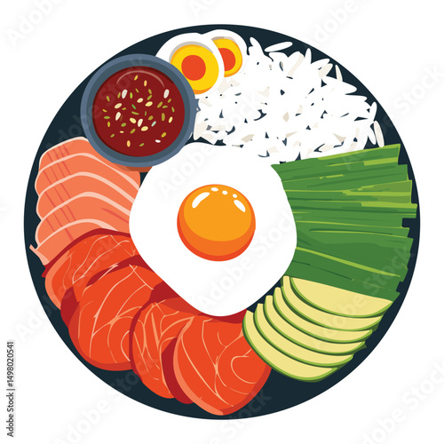 Nutritious Rice Meal Fresh Toppings - Vector Illustration