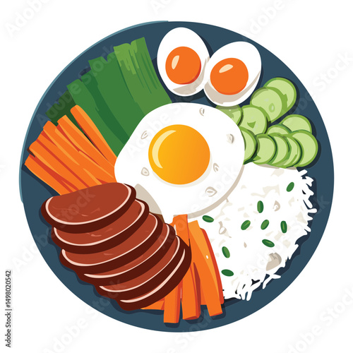 Classic Bibimbap Dish Colorful Toppings - Vector Illustration