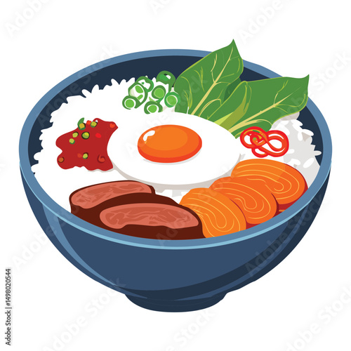 Savory Bibimbap Bowl Mixed Delicacies - Vector Illustration