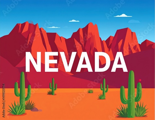 Vibrant desert landscape with cacti and red mountains in nevada