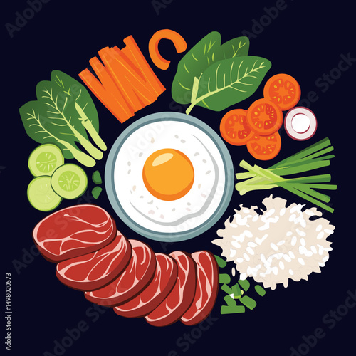  Bibimbap Bowl Artistic Arragement Ingredients - Vector Illustration