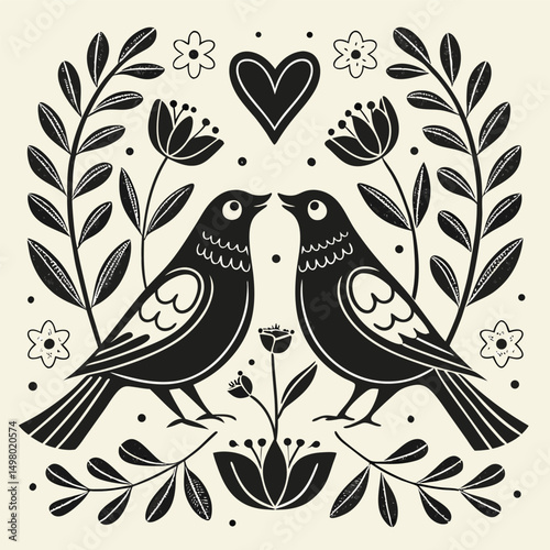 This charming folk-art design features two symmetrical lovebirds surrounded by blooming flowers, leafy branches, and hearts.