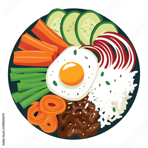 Bibimbap Bowl Delicious Toppings - Vector Illustration