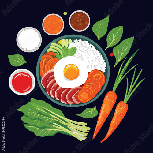 Colorful Bibimbap Ingredients Fresh Preparation - Vector Illustration