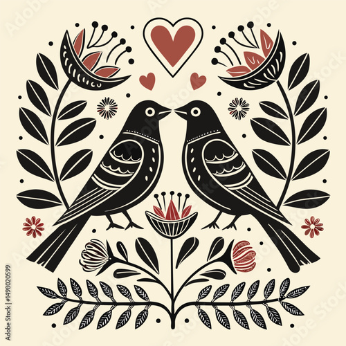 This charming folk-art design features two symmetrical lovebirds surrounded by blooming flowers, leafy branches, and hearts. Rendered in earthy tones and bold lines, the composition radiates warmth