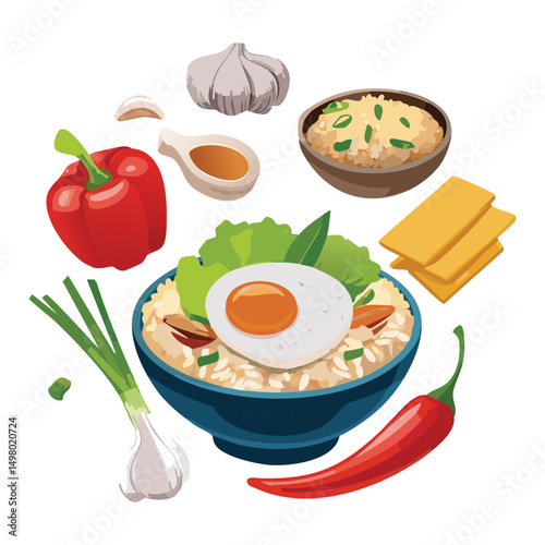 Flavorful Rice Bowl Ingredients - Vector Illustration