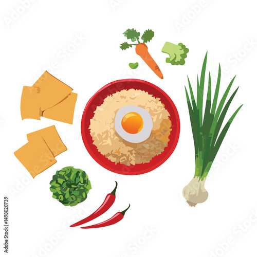 ried Rice Plate with Egg and Crackers and Vegetables - Vector Illustration
