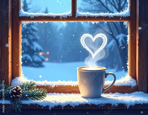 Winter window view with steaming mug and heart-shaped steam on snowy evening