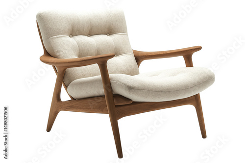 Elegant Scandinavian Lounge Chair with Light Oak Frame and Cream Cushions isolated on transparent background