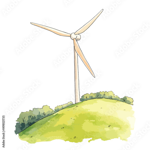 Colorful Hillside Wind Turbine Illustration