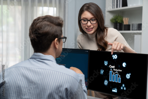Cost reduction, cost saving concept shown on computer screen brisk, corporate business efficiently save cost and company resources by reduction of unnecessary expenses