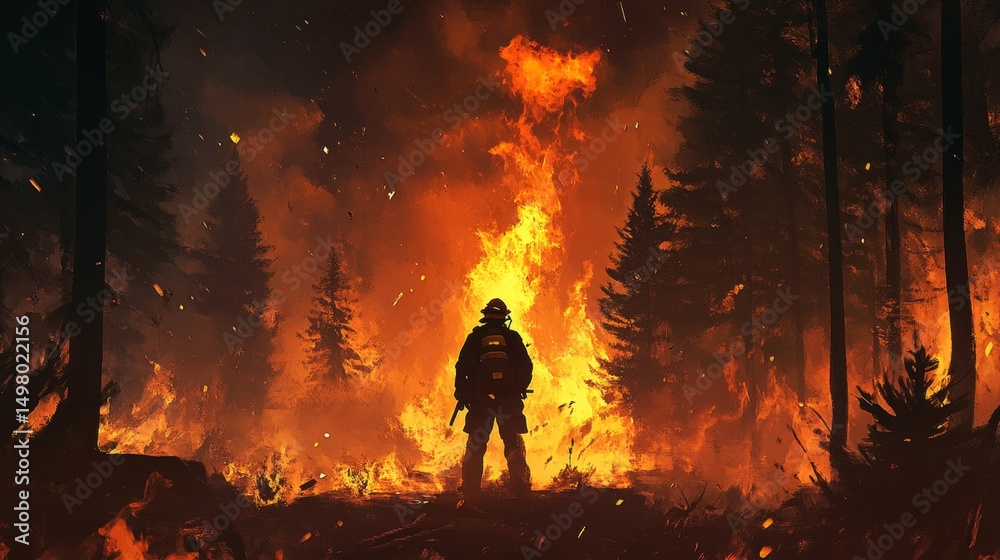 Fototapeta premium Firefighter surveying a burning forest wildfire scene nature photography fiery environment dramatic viewpoint emergency response concept