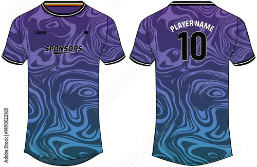 Sports jersey t shirt design flat sketch illustration, marble liquify printed Round neck football jersey concept with front and back view for Cricket, soccer, Volleyball and badminton uniform kit