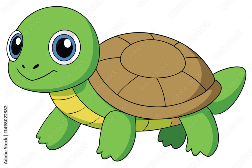 Obraz premium Adorable Cartoon Turtle with Brown Shell, Green Limbs, and Blue Eyes Illustration