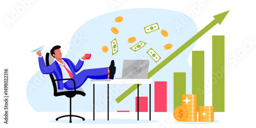 Wallpaper Mural Passive investment, profit concept. Man sitting in office and looking for growing financial chart. Vector illustration Torontodigital.ca
