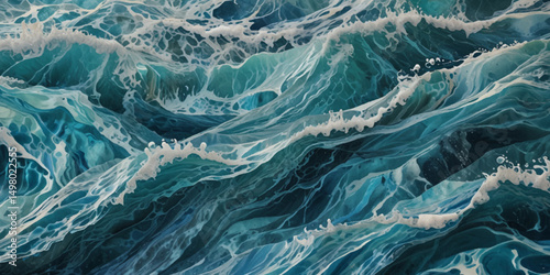 Abstract surface ocean water wave, seamless blue water ocean wave background. Blue water ocean surfing wave.	
