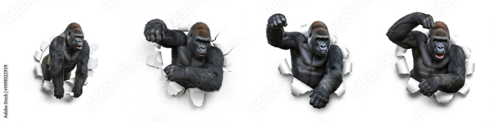 Fototapeta premium Gorillas Breaking Through - Four powerful gorillas burst through a white background, showcasing strength and energy. Ideal for themes of power, breakthrough, or wildlife