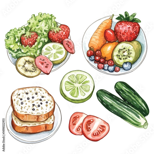 Colorful Variety of Fresh Fruits Vegetables and Bread