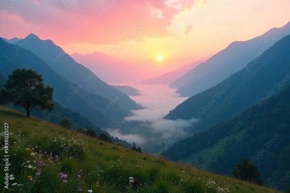 Fototapeta premium A serene landscape bathed in the quietude of dawn, mist clinging to the valley floor, the air still and untouched The perfect embodiment of peaceful tranquility , clouds, light