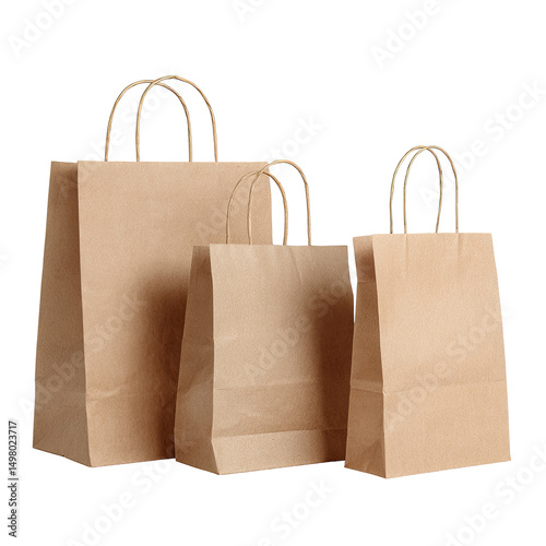 Three brown paper shopping bags of varying sizes, with twisted paper handles, stand on a plain background.  They are arranged in a slightly staggered formation, suggesting a product shot