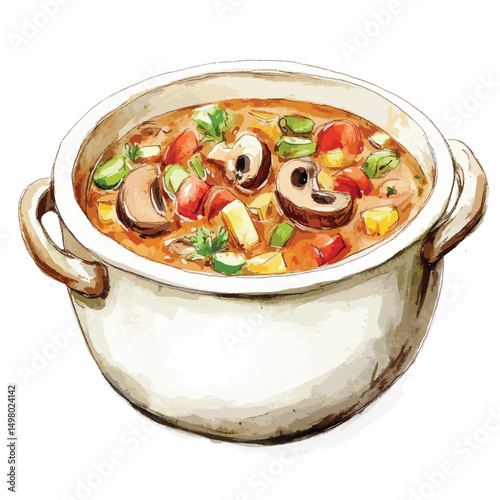 Colorful Vegetable Soup in a Pot Watercolor Style
