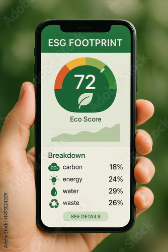 Hand holding smartphone showing esg footprint and eco score