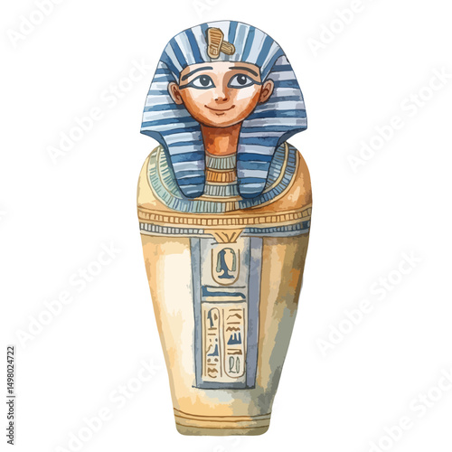 Colorful Watercolor Egyptian Canopic Jar Depicting a Pharaoh