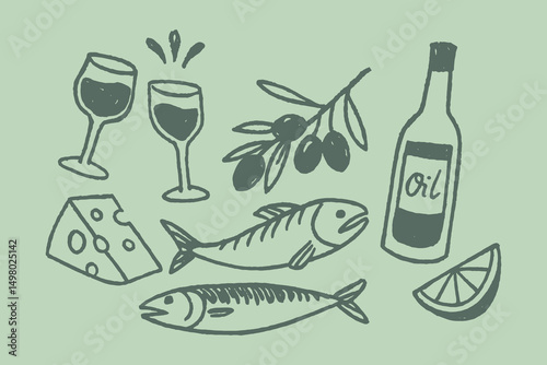mediterranean food set vintage style vector illustration