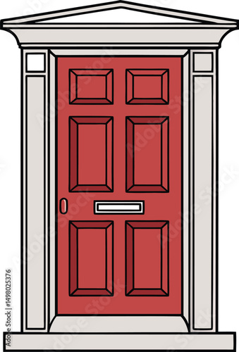 A detailed illustration of a classic red door with a light gray/beige trim and a decorative pediment.