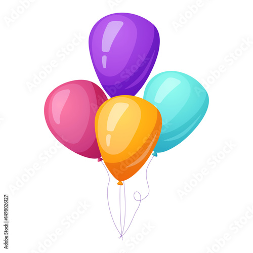 Colorful glossy balloons set. Realistic vector illustration of helium balloons in purple, red, yellow, and blue. Perfect for birthday, celebration, greeting cards, and festive designs