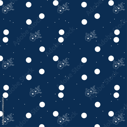 Elegant Navy Pattern Featuring White Polka Dots and Floral Accents
